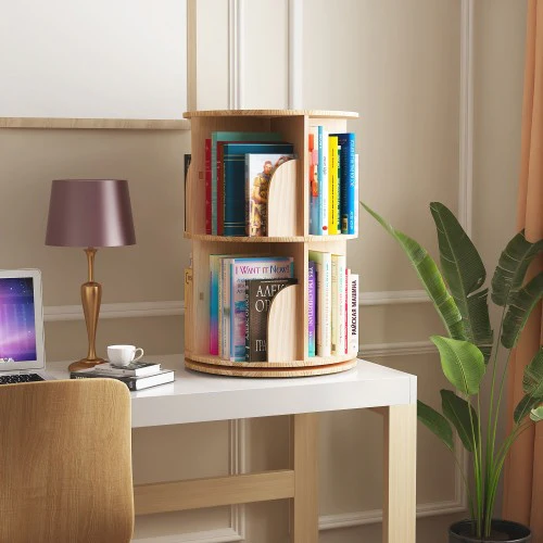 2 Tier Rotating Bookshelf, 360° Solid Wood Rotating Stackable Shelves Bookshelf Organizer for Home, Bedroom, Office - Image 3