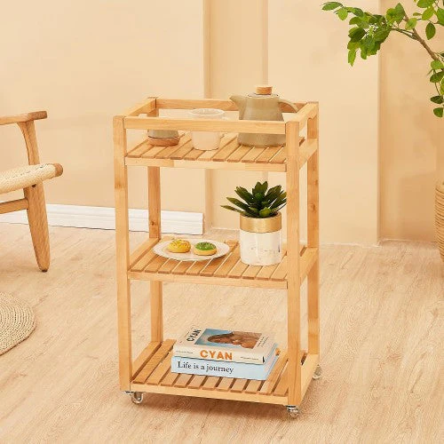 3 Tier Rolling Storage Shelf, Solid Wood Utility Cart with Wheels for Home, Living Room, Bathroom, Kitchen - Image 6