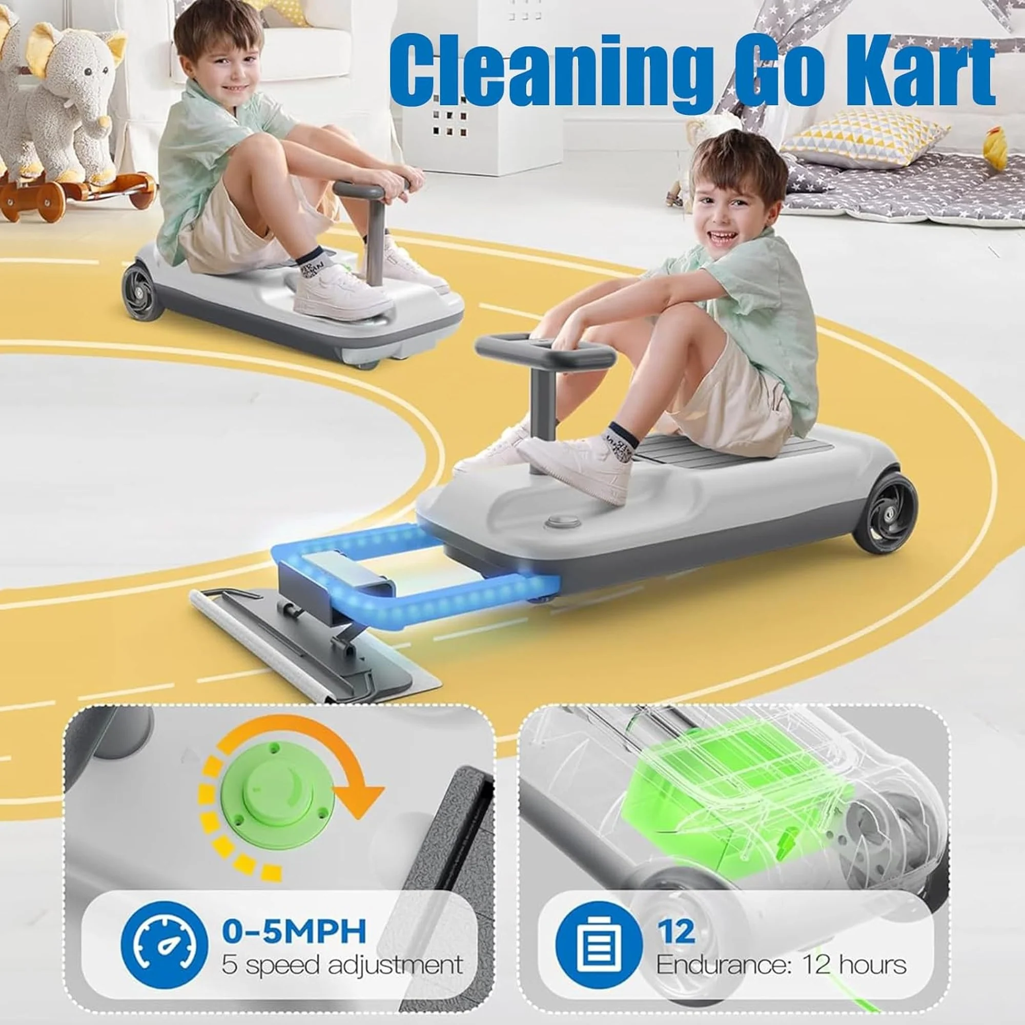 Kids Cleaning Go Kart Ride-On Toy with Electric Floor Sweeper | 5-Speed Adjustable, LED Lights, Storage Compartment | Indoor Ride-On Cleaning Toy for Ages 3+ - Image 5