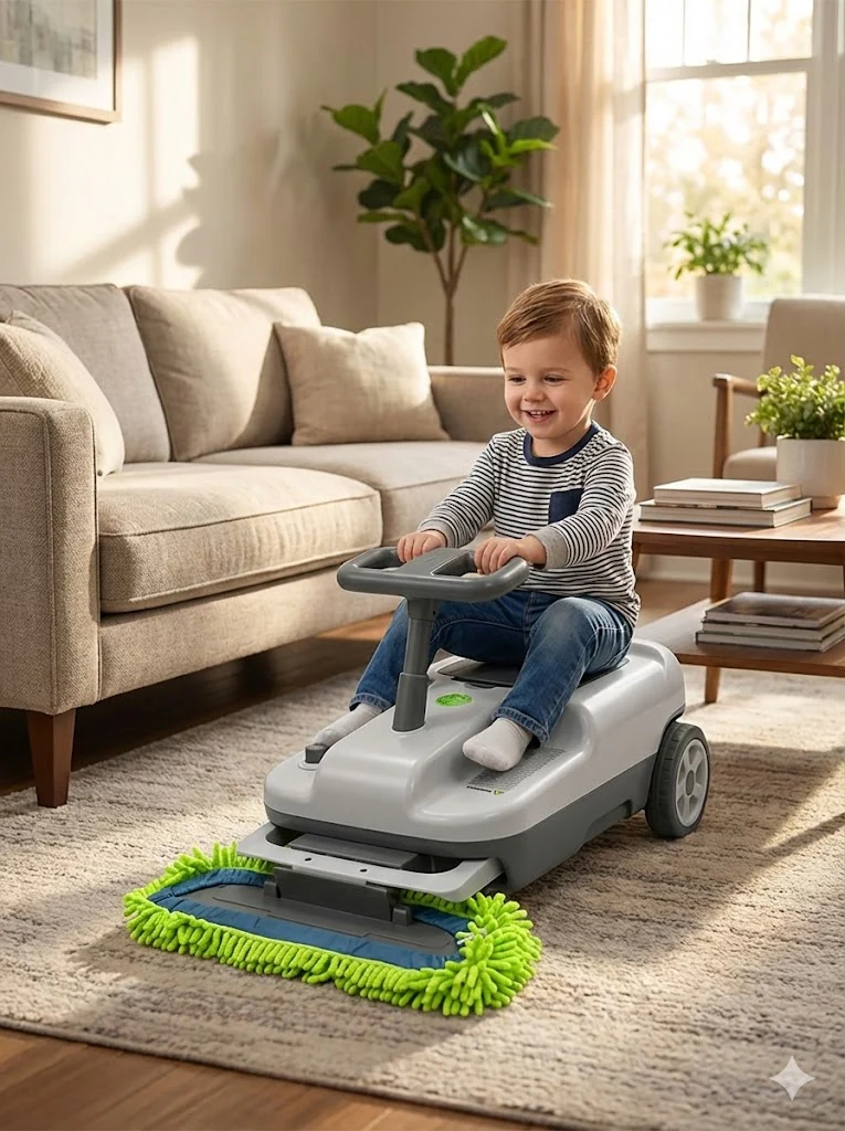 Kids Cleaning Go Kart Ride-On Toy with Electric Floor Sweeper | 5-Speed Adjustable, LED Lights, Storage Compartment | Indoor Ride-On Cleaning Toy for Ages 3+ - Image 9