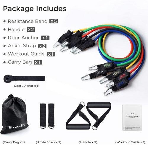 LETSFIT Stackable Resistance Exercise Bands Set with Handles, Door Anchor, Ankle Straps and Carry Bag, 5 Color Exercise Bands, 2 Cushioned Handles, 10-50LBS (5 Pack) - Image 5