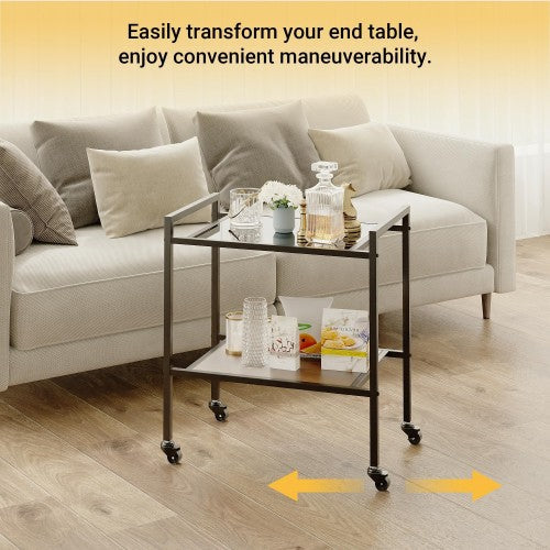 ODIKA 2-Tier Side Table, Rolling End Table with Glass Top, Rolling Wheels for Home, Living Room, Bedroom - Image 3