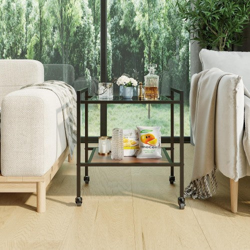 ODIKA 2-Tier Side Table, Rolling End Table with Glass Top, Rolling Wheels for Home, Living Room, Bedroom - Image 5