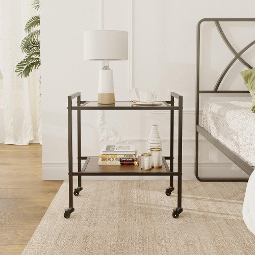 ODIKA 2-Tier Side Table, Rolling End Table with Glass Top, Rolling Wheels for Home, Living Room, Bedroom - Image 6