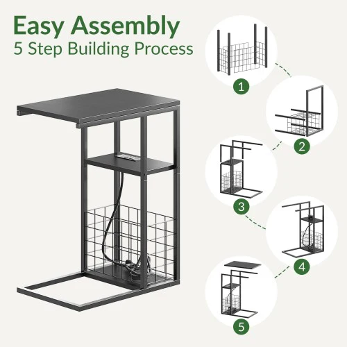ODIKA Side Table, Under Seating Table with Integrated Power, Adjustable C-Shaped End Table for Home, Living Room, Bedroom (Black) - Image 5