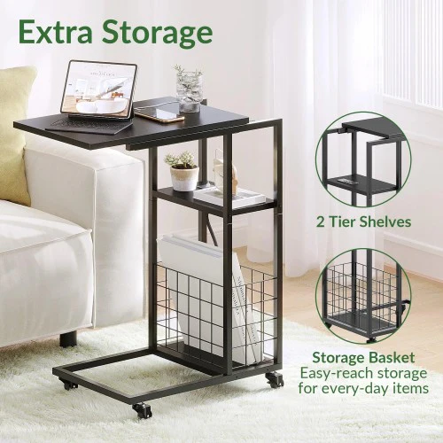 ODIKA Side Table, Under Seating Table with Rolling Wheels, Integrated Power, Adjustable C-Shaped End Table for Home, Living Room, Bedroom (Black) - Image 3