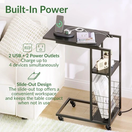 ODIKA Side Table, Under Seating Table with Rolling Wheels, Integrated Power, Adjustable C-Shaped End Table for Home, Living Room, Bedroom (Black) - Image 4