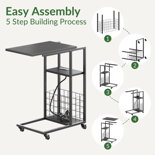 ODIKA Side Table, Under Seating Table with Rolling Wheels, Integrated Power, Adjustable C-Shaped End Table for Home, Living Room, Bedroom (Black) - Image 5