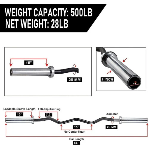 Olympic Curl Bar, 56 inch EZ Curl Barbell, 500 LB Weight Capacity Lifting Bar for Strength Training, Biceps Curl and Triceps Extensions - 1026797 - Image 3