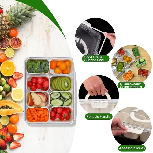 Snackle Box Container, 8 Compartment Divided Serving Tray with Lid and Handle for Food, Snacks, Nuts, Fruits, Picnic, Travel - Image 3