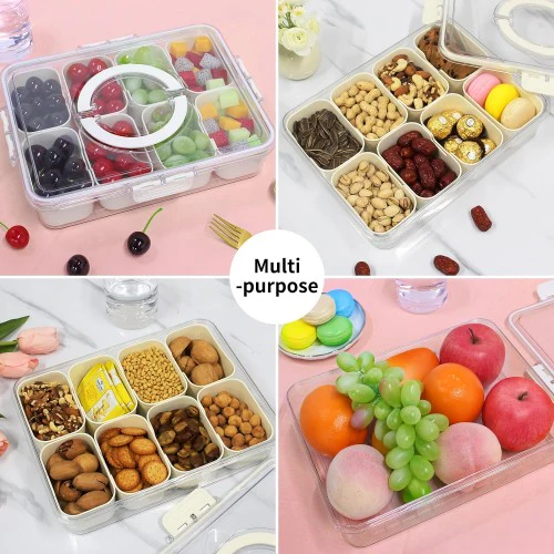 Snackle Box Container, 8 Compartment Divided Serving Tray with Lid and Handle for Food, Snacks, Nuts, Fruits, Picnic, Travel - Image 4