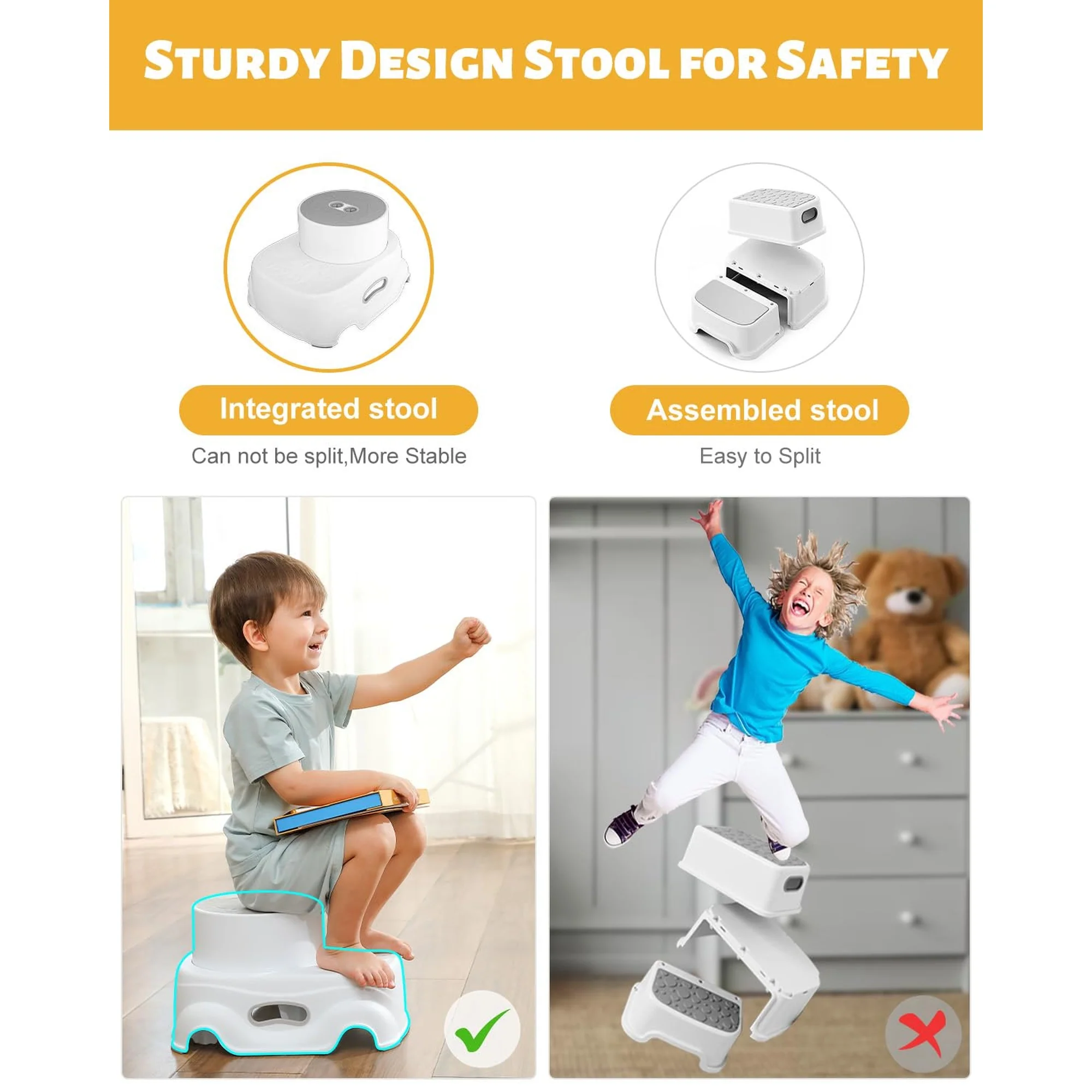 Step Stool Adjustable 2-Height Toddler Step Stool with Non-Slip Rubber Base & Steps |Sturdy One-Piece Design, 150 lb Capacity Bathroom Sink, Toilet, Bedroom - Image 6
