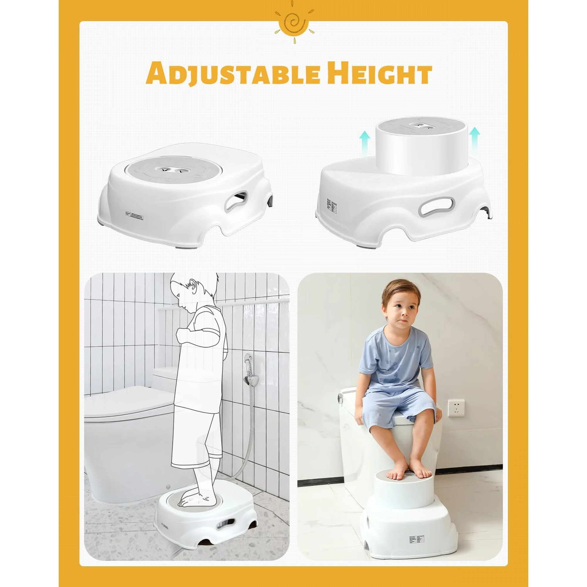 Step Stool Adjustable 2-Height Toddler Step Stool with Non-Slip Rubber Base & Steps |Sturdy One-Piece Design, 150 lb Capacity Bathroom Sink, Toilet, Bedroom - Image 7