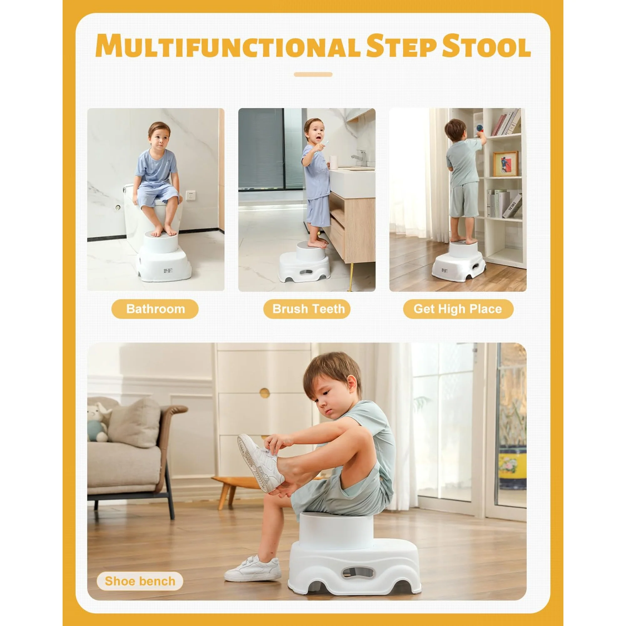 Step Stool Adjustable 2-Height Toddler Step Stool with Non-Slip Rubber Base & Steps |Sturdy One-Piece Design, 150 lb Capacity Bathroom Sink, Toilet, Bedroom - Image 9